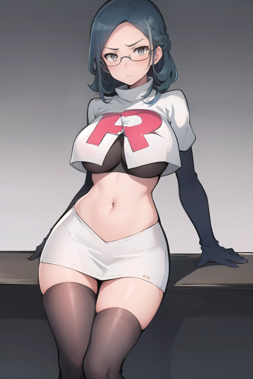 best quality, (masterpiece:1.2), illustration, absurdres,  
(1girl), (solo), (beautiful detailed girl),
Sonya Baelz, blue hair, medium hair, grey eyes, large breasts, half-frame glasses, gray glasses,
team rocket,team rocket uniform,white skirt,red letter R,crop top,black thigh-highs,black elbow gloves,
looking at viewer, serious,