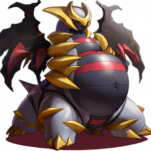 Massive Pokemon giratina, engorged belly, belly touches , face down 