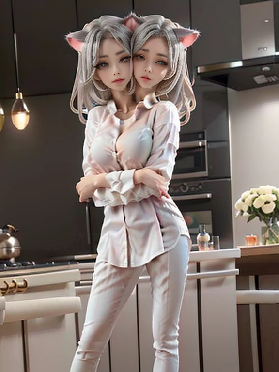 Photo, (((2heads:1, conjoined_dicephalus:1.5, two heads:1.5))), **Render**: full body, girl, (((((one person))))), feminine face, no facial hair, no body hair, cute face, detailed skin, detailed eye, Rendering in highly detailed 4K resolution, two-headed, ~25 years old, ((Silver/White Cat Ears)), (Chinese woman), (standing in the middle of a kitchen), dressed in a halfway buttoned up (((mens white shirt))), (red eyeshadow/lipstick/nails), ((silver straight hair)), (puckering her lips), (extending her arms towards the camera as if offering a warm welcome)
