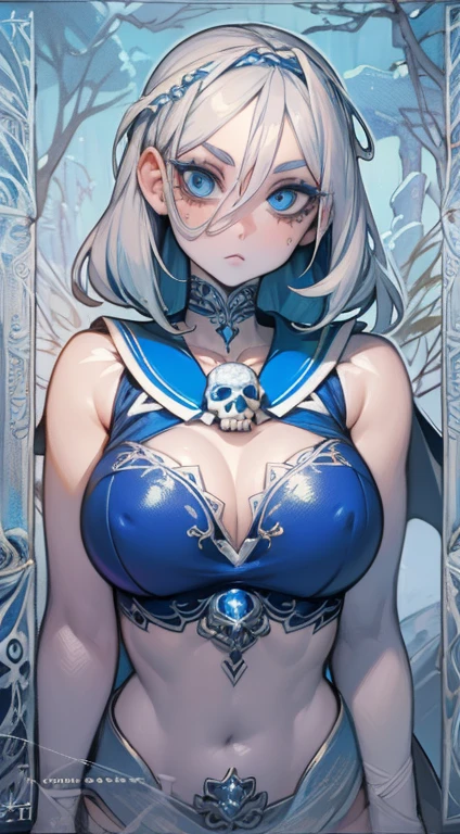 ((best quality)), ((official art)), ((masterpiece)), textile shading, ((ultra-detailed)), solo, full color, (1girl, solo, bssmsuperoutfit, circlet, white leotard,,blue sailor collar, sleeveless, heart brooch, miniskirt, white gloves, hairstyle, hairlength , detailed face, (full body:1.1)), (in nature) (best quality, highres, ice skull:1.1), ice skull, girl style, thick body art, detailed facial features, icy blue eyes, glossy lips, long eyelashes, porcelain skin, blue and silver color scheme, intricate skull design, realistic texture, vibrant colors, elaborate background, mysterious atmosphere, frozen garden, snow-covered trees, sparkling ice crystals, surreal lighting, fantasy elements