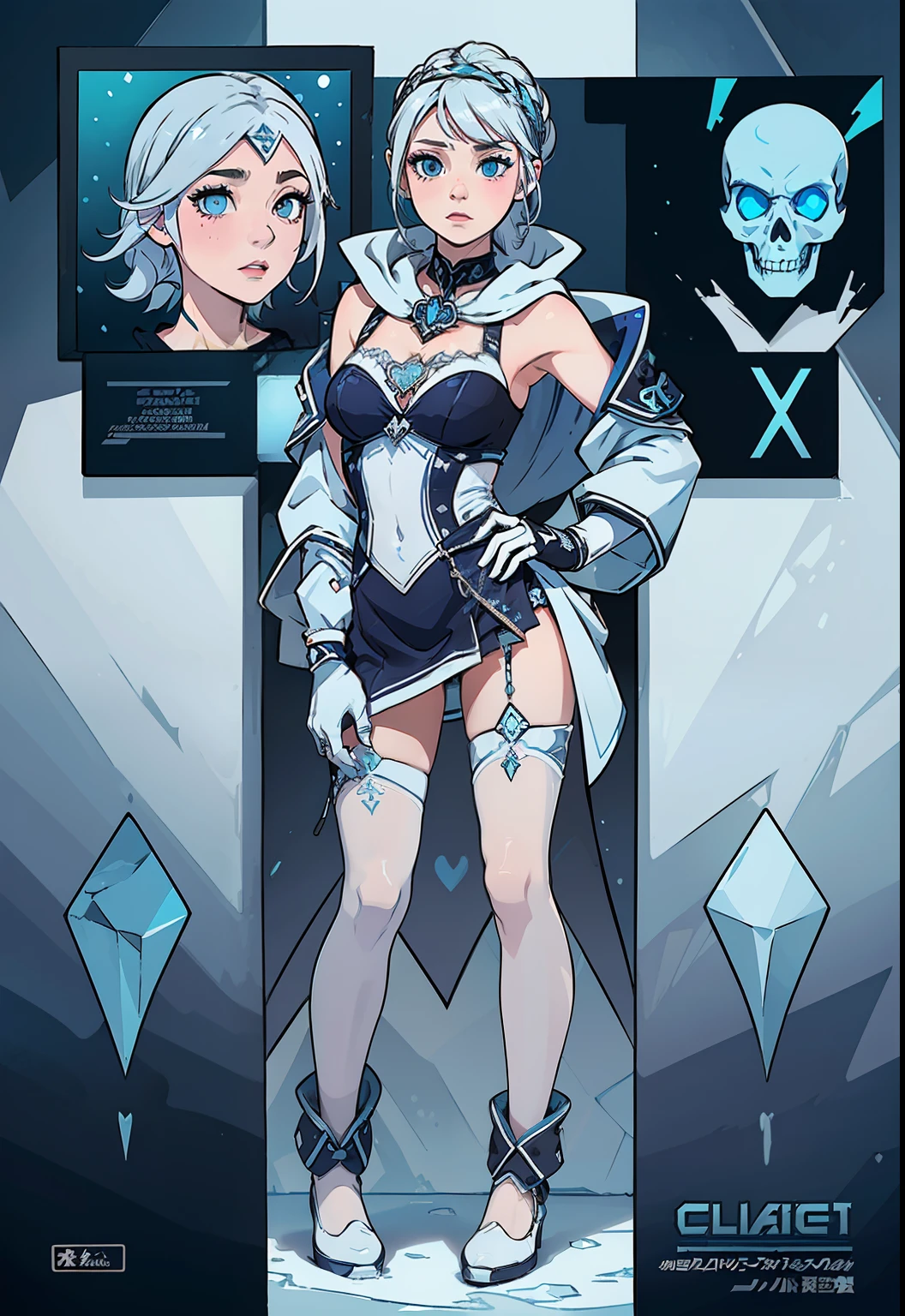 ((best quality)), ((official art)), ((masterpiece)), textile shading, ((ultra-detailed)), solo, full color, (1girl, solo, bssmsuperoutfit, circlet, white leotard,,blue sailor collar, sleeveless, heart brooch, miniskirt, white gloves, hairstyle, hairlength , detailed face, (full body:1.1)), (in nature) (best quality, highres, ice skull:1.1), ice skull, girl style, thick body art, detailed facial features, icy blue eyes, glossy lips, long eyelashes, porcelain skin, blue and silver color scheme, intricate skull design, realistic texture, vibrant colors, elaborate background, mysterious atmosphere, frozen garden, snow-covered trees, sparkling ice crystals, surreal lighting, fantasy elements