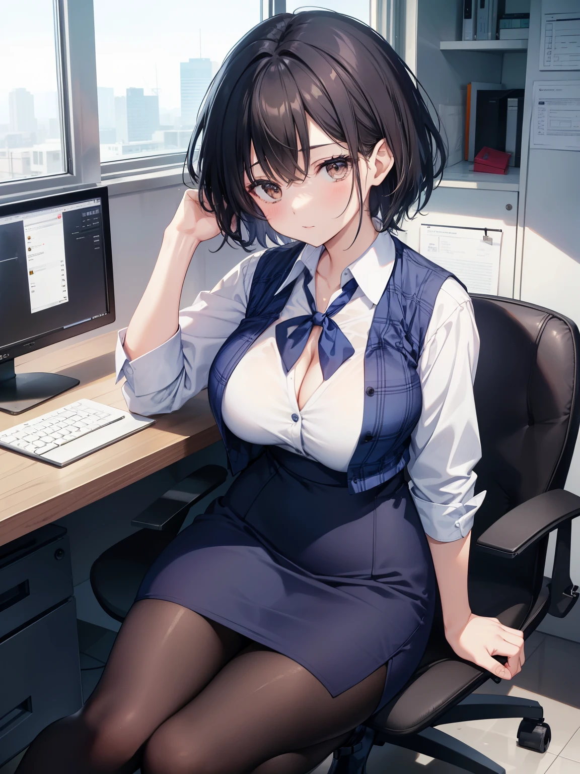 highest quality, Flying debris、Beautiful woman、officeレディー、Black Hair、(Brown eyes、Big Breasts)、short hair、チェック柄のダークブルーのofficeスーツ)、new employee,Full Body Shot、Female office lady、break(Dark blue checked vest、White dress shirt、Navy blue long tight pencil skirt:1.2)、(black tights、High heels)、break(office:1.3)、Cleavage、Unbutton your shirt