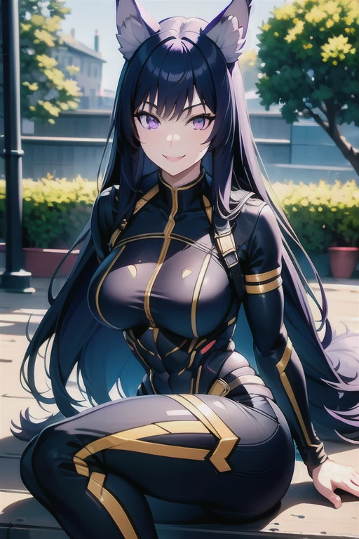 best quality, masterprice, 1girl, (solo:1.1), raytracing, ultra detailed,detailed face, 8k wallpaper, large breasts, smile, wide hips, six pack abs, (neocoill:0.8), outdoor, sitting, dynamic pose, knees up, outdoor,  DeltaNDV, long hair, animal ears, purple eyes, bangs, wolf ears, looking at viewer, wolf tail, bodysuit, tight clothes, showing her ass,