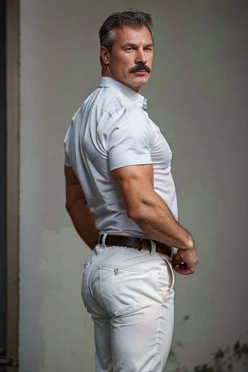 age 60, white man police detective with a mature, backside, kind demeanor, strong and muscular yet chubby build, mustache, wearing dress pants and a buttoned-open translucent shirt that reveals a hairy chest and a noticeable bulge, wearing detective badge on belt, giving off a hint of a horny yet disgusting aura, completing the look with comfortable loafers. Shirtless backside big butt White trouser