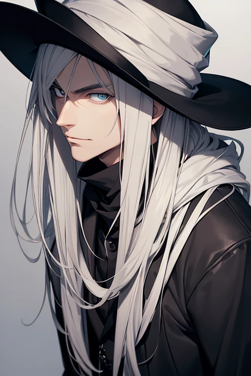 an enigmatic man, adult male, tall,  wearing a black coat and a hat, staring at the viewer with a slight smile, full body image, anime style art, detailed face, silver unsettling eyes, charismatic look, short blonde hair, high quality, cult leader, white background