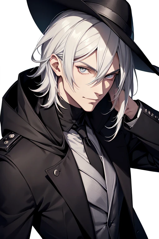 an enigmatic man, adult male, tall, wearing a black coat and a hat, staring at the viewer with a slight smile, full body image, anime style art, detailed face, silver unsettling eyes, charismatic look, short blonde hair, high quality, cult leader, white background
