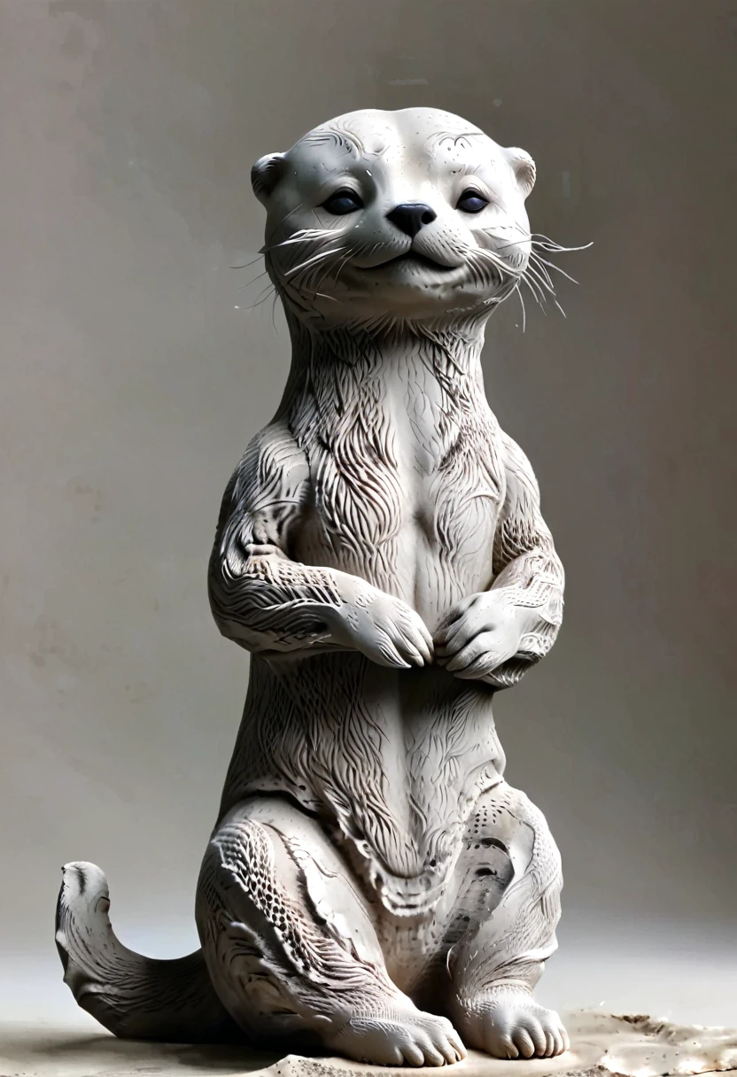 (best quality:1.2),ultra-light Clay, Clay, Pottery, Rough knitted texture, distressed, dirty, mineral pigments, 3D Clay sculpture art, Clay sculpture, Rough surface, (artwork，An Otter，concept art,)