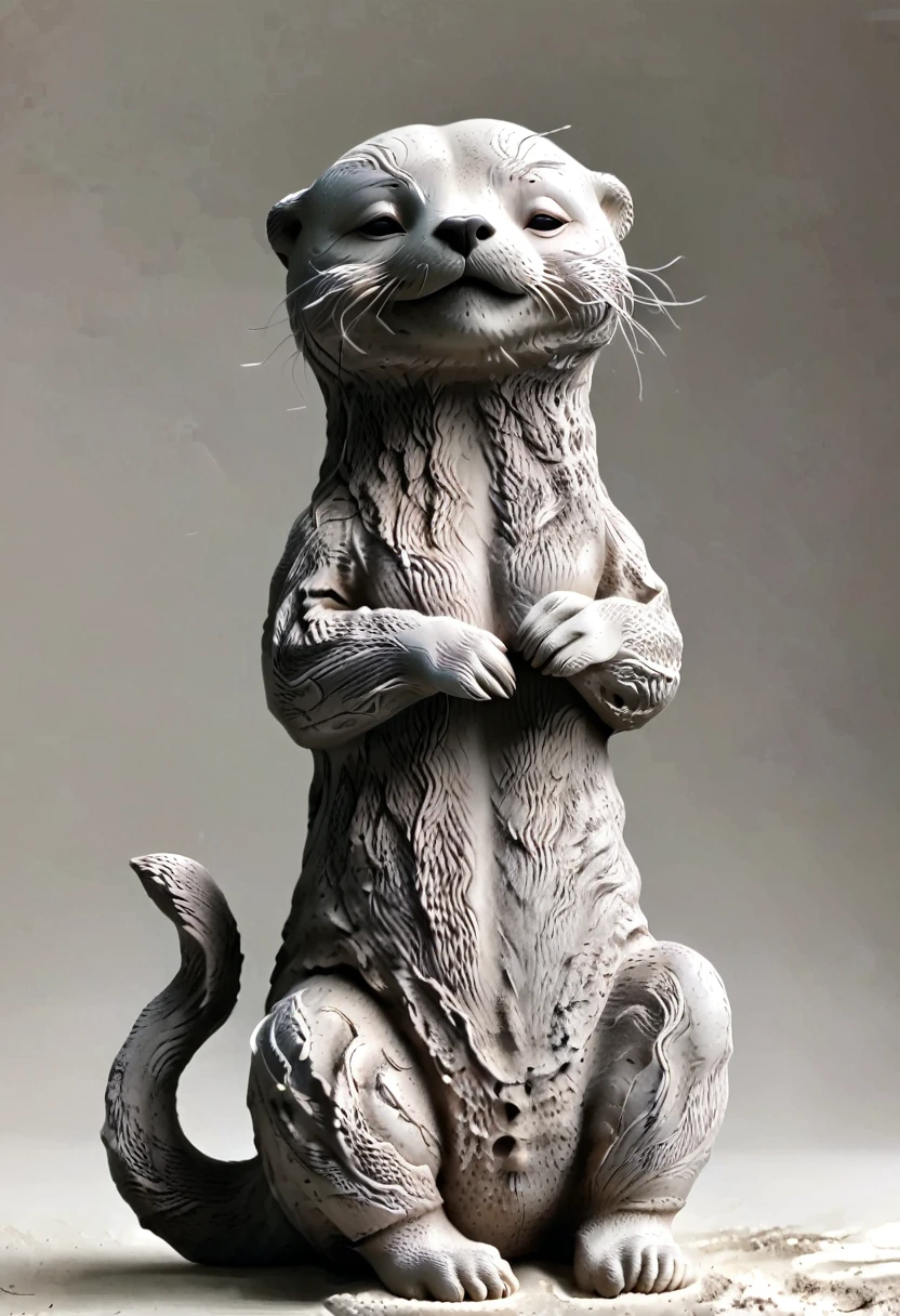 (best quality:1.2),ultra-light Clay, Clay, Pottery, Rough knitted texture, distressed, dirty, mineral pigments, 3D Clay sculpture art, Clay sculpture, Rough surface, (artwork，An Otter，concept art,)