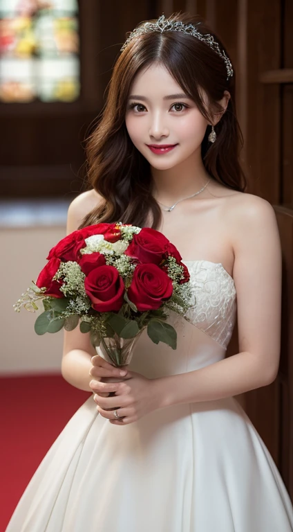 Tabletop, highest quality, shape, Very detailed, In detail, High resolution, 8k wallpaper, Perfect dynamic composition, Beautiful details, Red Wedding Dress,Medium Hair, Center of chest, Natural color lip, Random sexy poses,smile,Chapel,Bouquet of red roses,