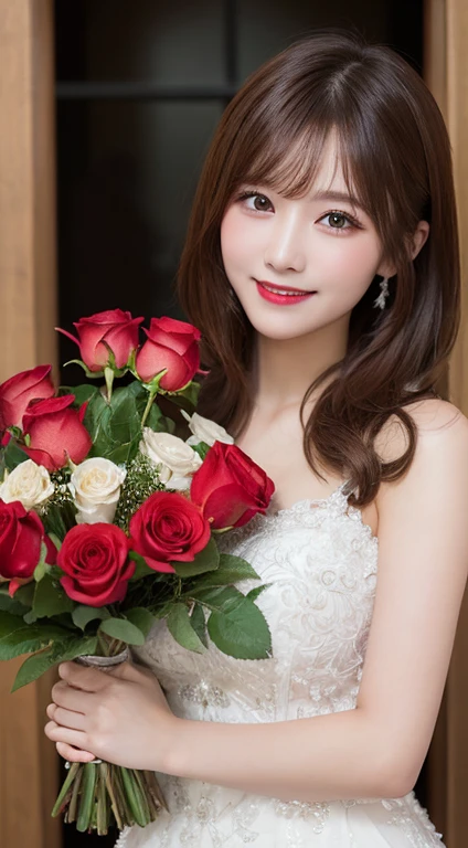 Tabletop, highest quality, shape, Very detailed, In detail, High resolution, 8k wallpaper, Perfect dynamic composition, Beautiful details, Red Wedding Dress,Medium Hair, Center of chest, Natural color lip, Random sexy poses,smile,Chapel,Bouquet of red roses,