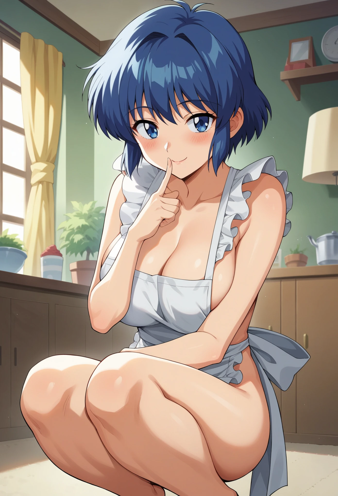 score_9, score_8_up, score_7_up, source_anime, 1girl, (Fuwa Kokone, blue hair, medium hair, green eyes), smile, micro bikini bra, white brim, micro maid waist apron, cuffs, collar, blue bow, zettai ryouiki thighhighs, looking at viewer, sagging huge breast, erect nipples, (dark large areola:0.8), (skinny), (short stack:0.5), milf, futa, flaccid foreskin penis, precum, smegma, blue cocksock with bow, black armpit hair, black Pubic Hair, nsfw, standing, Serving cum milk with tray, cafe