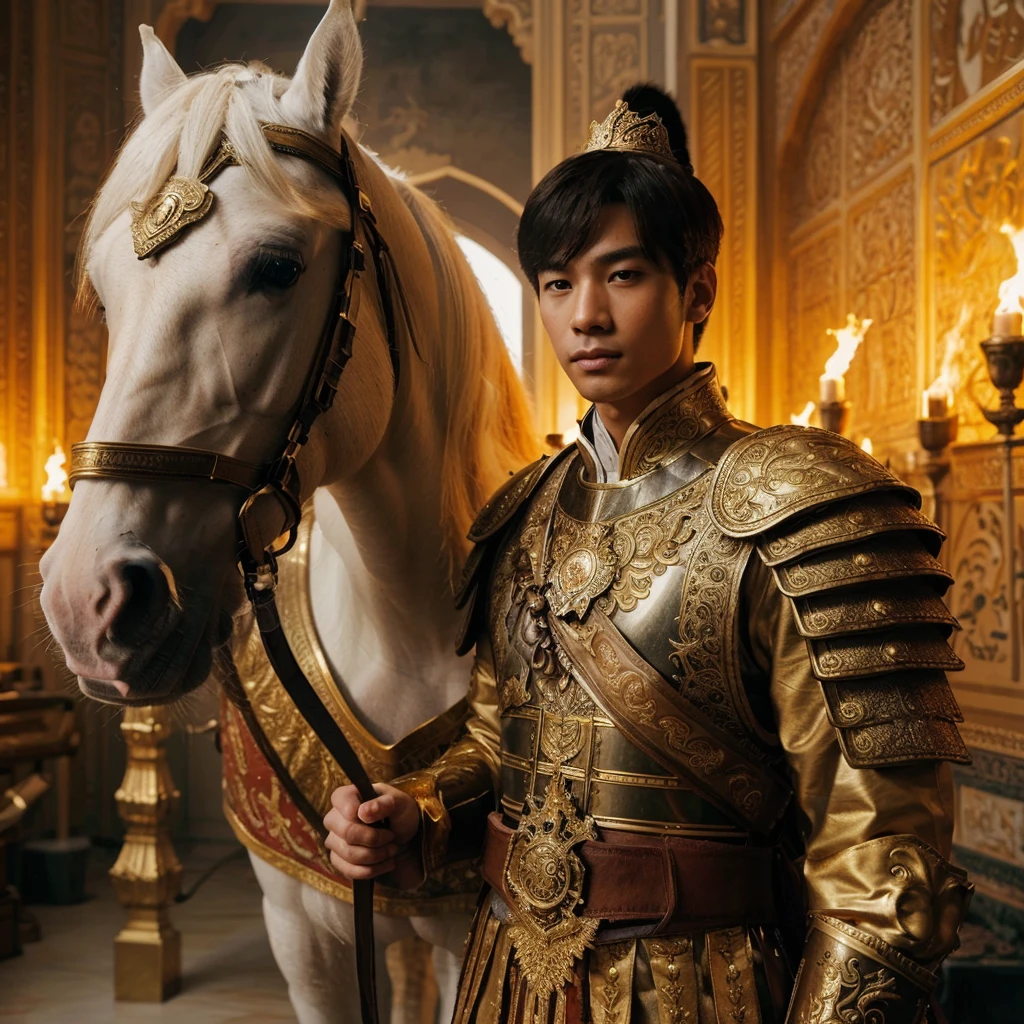 realistic photo, an Asian prince in full uniform with a gold robe and a white horse who is also wearing armor. They are in a magnificent room with ancient architecture. The white horse is wearing brown armor, a torch is burning on the wall behind the prince and the horse, provides soft lighting throughout the room.