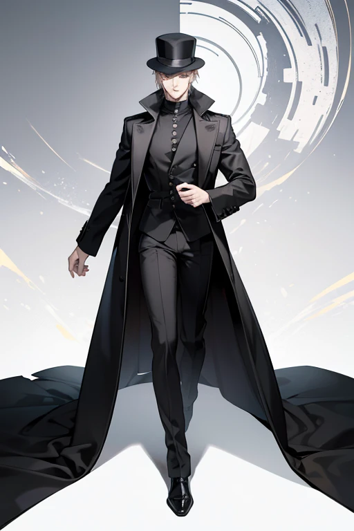 an enigmatic man, adult male, tall, wearing a black coat and a hat, staring at the viewer with a slight smile, full body image, anime style art, detailed face, silver unsettling eyes, charismatic look, short blonde hair, high quality, cult leader, white background
