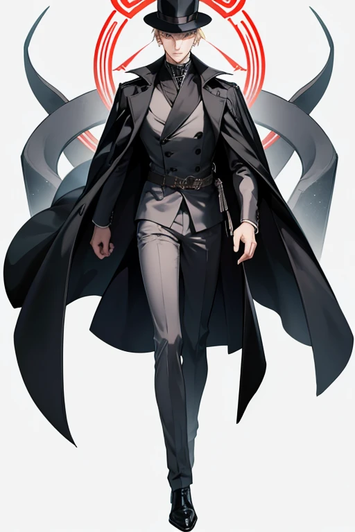 an enigmatic man, adult male, tall, wearing a black coat and a hat, staring at the viewer with a slight smile, full body image, anime style art, detailed face, silver unsettling eyes, charismatic look, short blonde hair, high quality, cult leader, white background