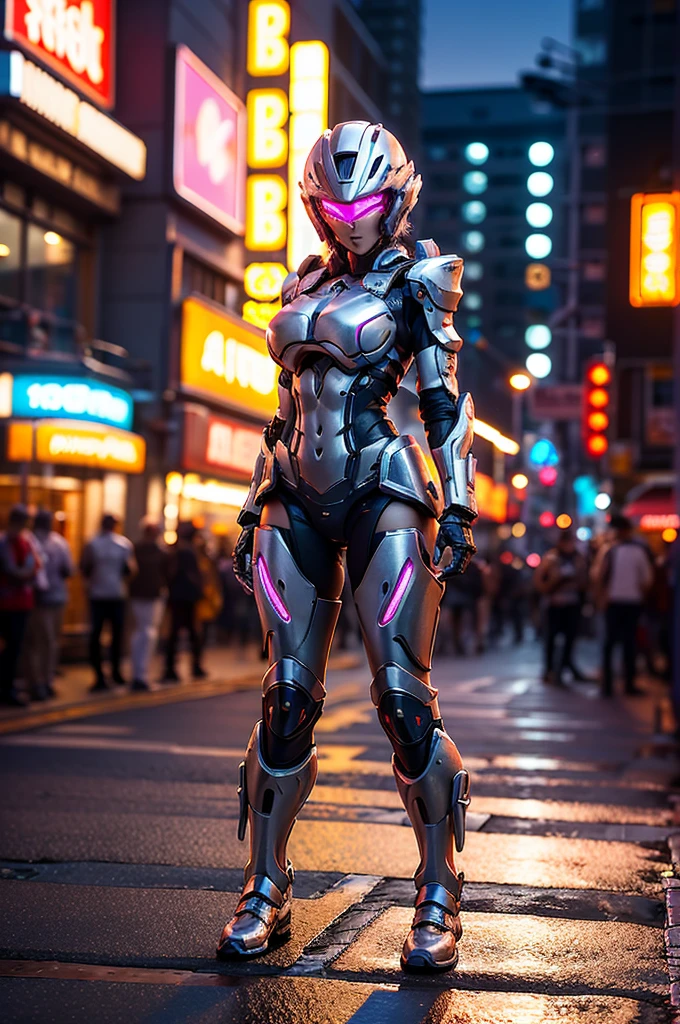 best quality, 8k, highly detailed face and skin texture, high resolution, big tits cute asian girl in cyber armor with helmet, stand on street in city at night, under neon light, full body, sharp focus