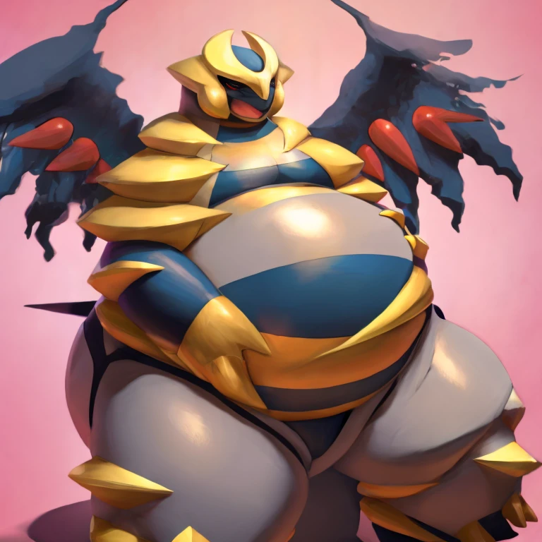 Obese Pokemon giratina, engorged belly, belly touches , hands on belly, squirming belly