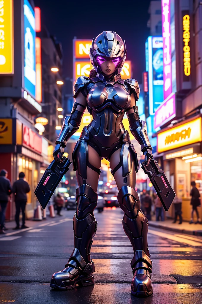 best quality, 8k, highly detailed face and skin texture, high resolution, big tits cute asian girl in cyber armor with helmet, stand on street in city at night, under neon light, full body, sharp focus