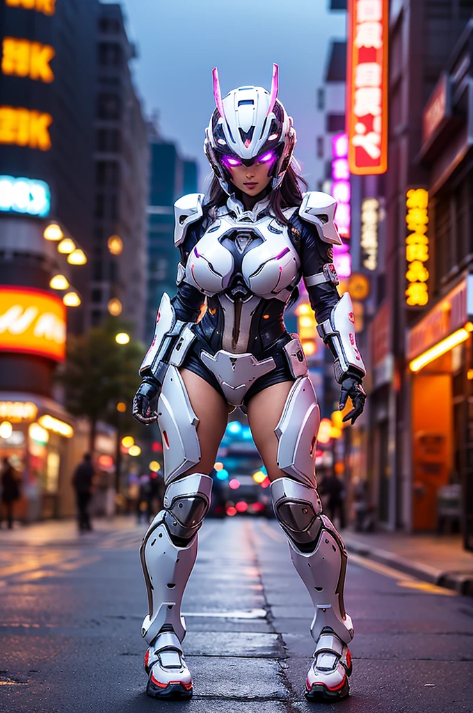 best quality, 8k, highly detailed face and skin texture, high resolution, big tits cute asian girl in cyber armor with helmet, stand on street in city at night, under neon light, full body, sharp focus