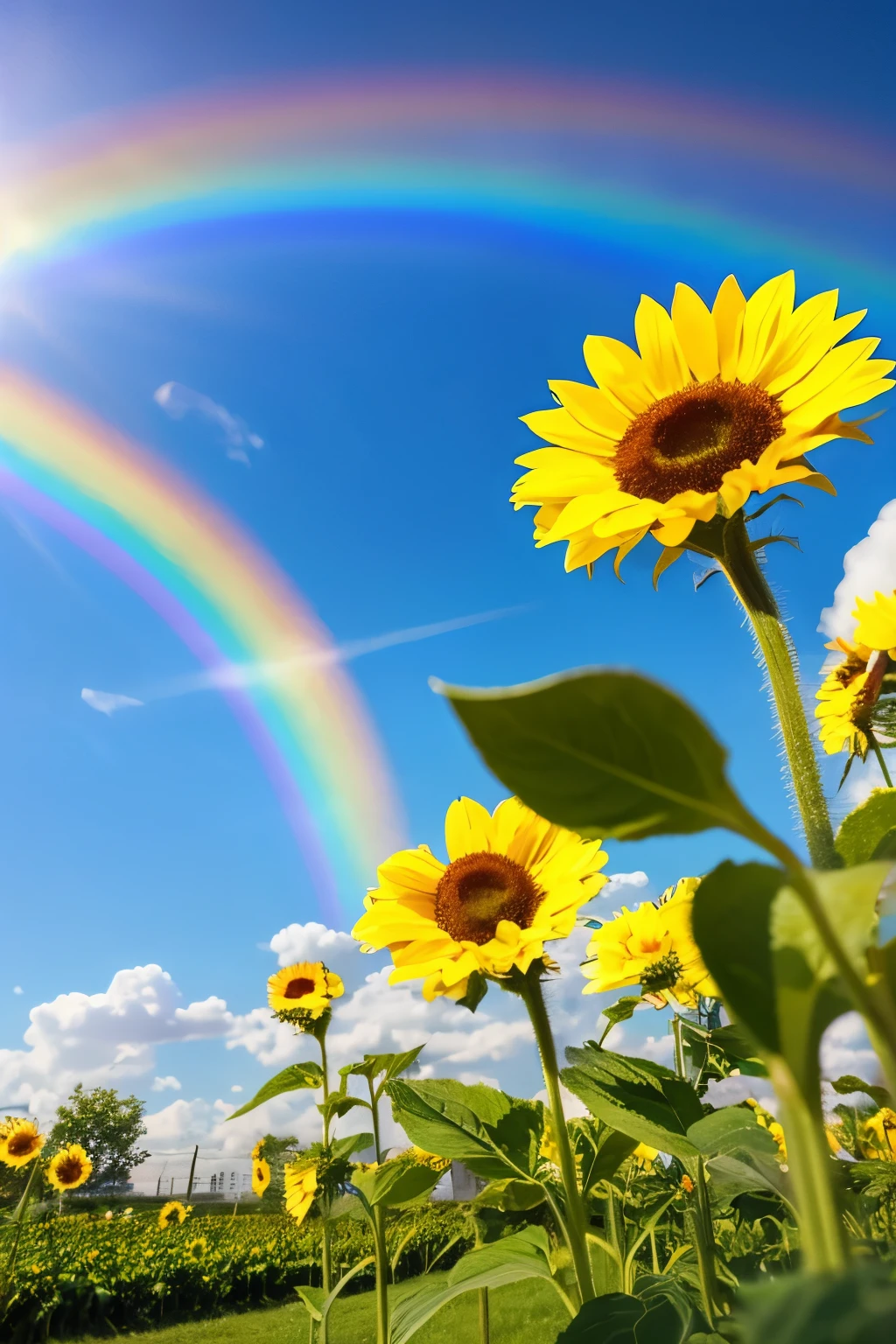(best quality), (8k), (top quality), (real picture), (Realistic photos), Sunflower garden, Blue sky, Rainbows and sunshine shine.