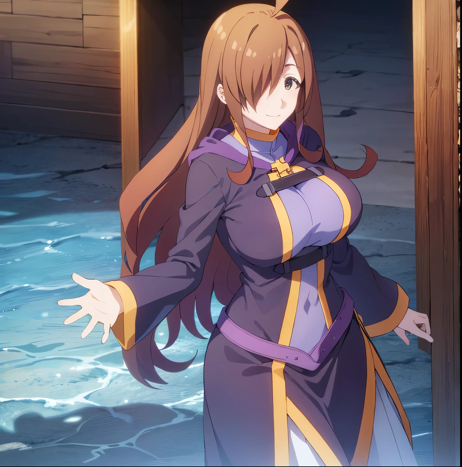 1girl,alone, Wiz ,smile, looking at viewer,head on,pov(from above),standing, holding a book, ahoge, hair over one eye, purple tunic, long sleeves, big breasts, indoors,big breasts , medium waist, wide hips, medium thighs, perfect anatomy, perfect hands