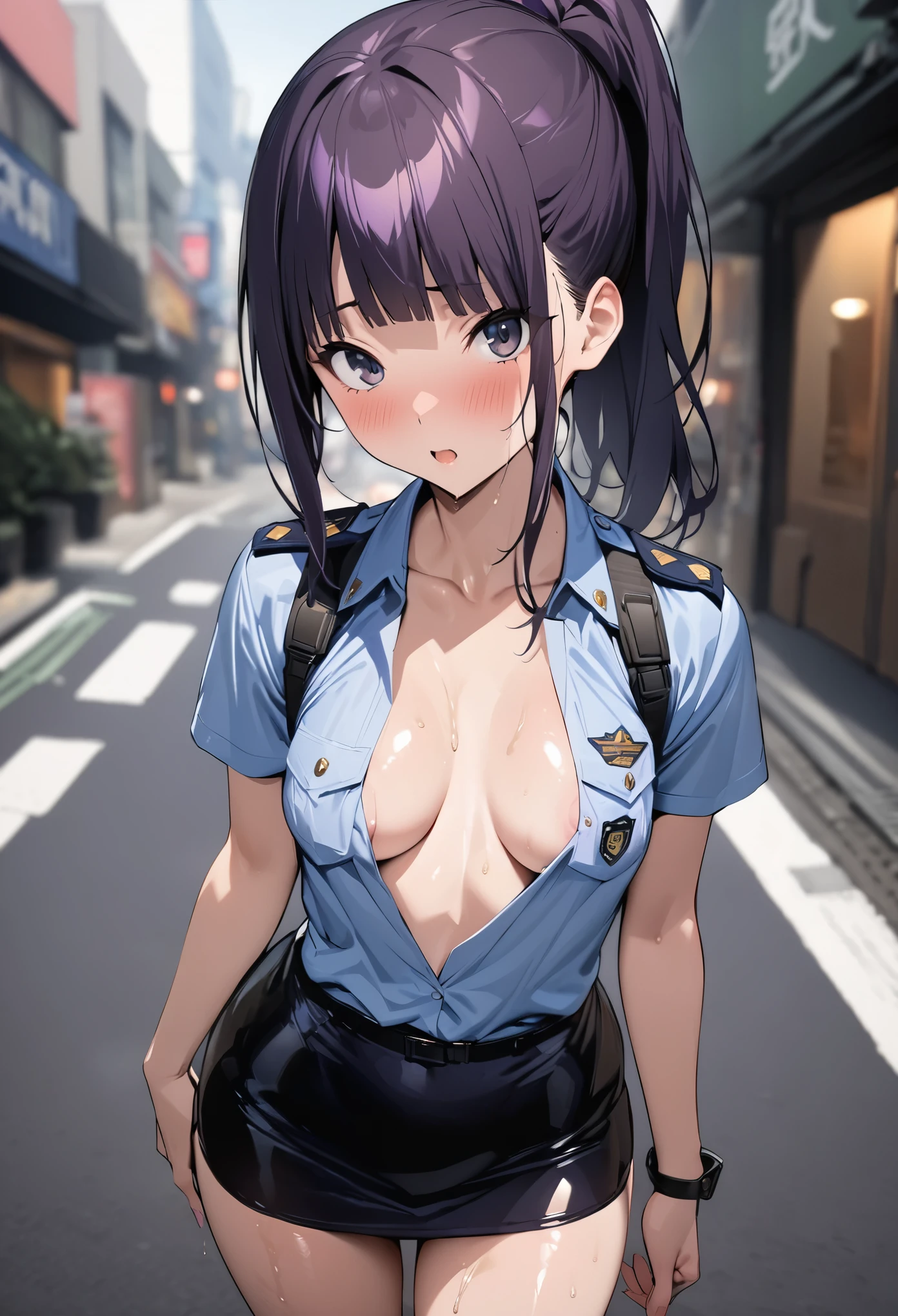 (masterpiece, highest quality:1.2),nsfw, 1 girl,18 year old beauty、solo,ponytail hair,dark purple hair,slender body,skinny,medium breasts,oily skin,shiny skin,Police uniform、mini skirt、on street,Shibuya、Tokyo、