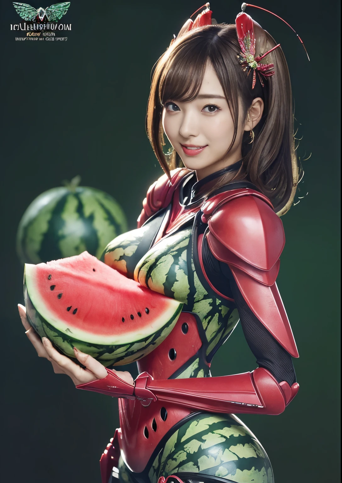 (high resolution,masterpiece,best quality,extremely detailed CG, anime, official art:1.4), realistic, photo, amazing fine details, all intricate, full body, gloss and shiny,awesome many layers, 8k wall paper, 3d, sketch, kawaii, illustration,( solo:1.4), perfect female proportion,villainess, (fusion of watermelon and lady:1.4), (watermelon breasts lady:1.2), (watermelon lady:1.2), (fusion:1.2), (solo:1.4), (evil smile:1.2), muscular, abs, (watermelon exoskeleton bio insect suit:1.4), (watermelon exoskeleton bio insect armor:1.2), (watermelon wing:1.4), (watermelon antennae:1.3),