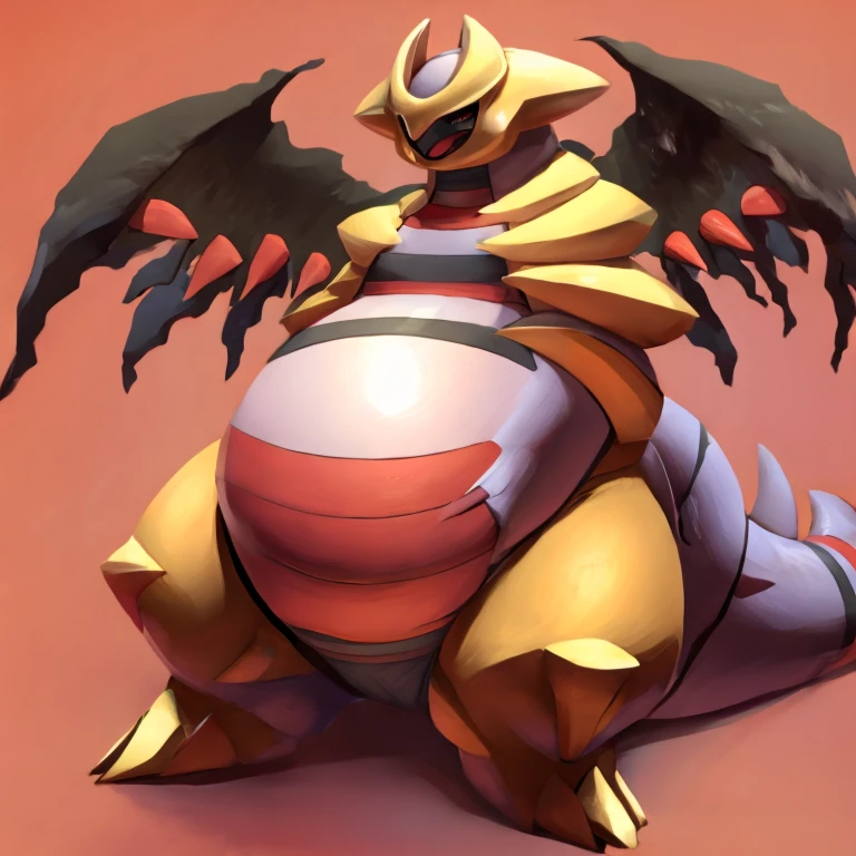 Obese Pokemon giratina, engorged belly, belly touches , hands on belly, squirming belly