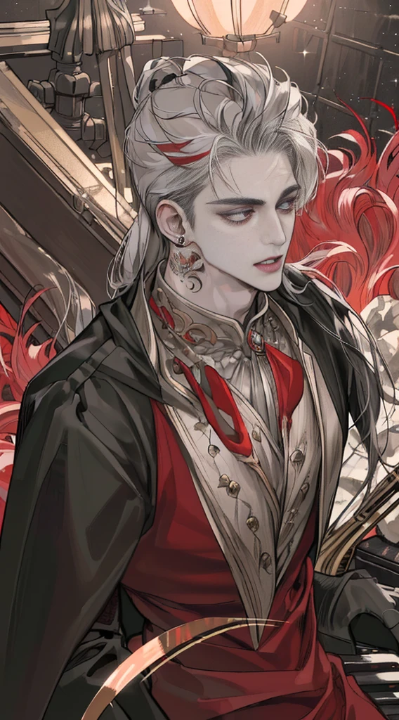 (((8K, RAW photos, Best quality, tmasterpiece: 1.4))), (((The man who plays the piano))), Ultra-high resolution, ultra - detailed, lamplight, Close-up cleavage, Handsome men, red eyes, (Detailed eyes, The eyes are bright:1.2), Black medium long hair, Vampires, pale-skinned, ear piercings, Dark, Blackn clothes, Meticulous clothes, gold accessories on clothes, Sharp fangs, (perfect anatomia:1.2), Highqualityshadow,  natural  lightting, (White highlights:1.2), natta, overcast day, (neck tattoos:1.2), (starrysky:1.2)