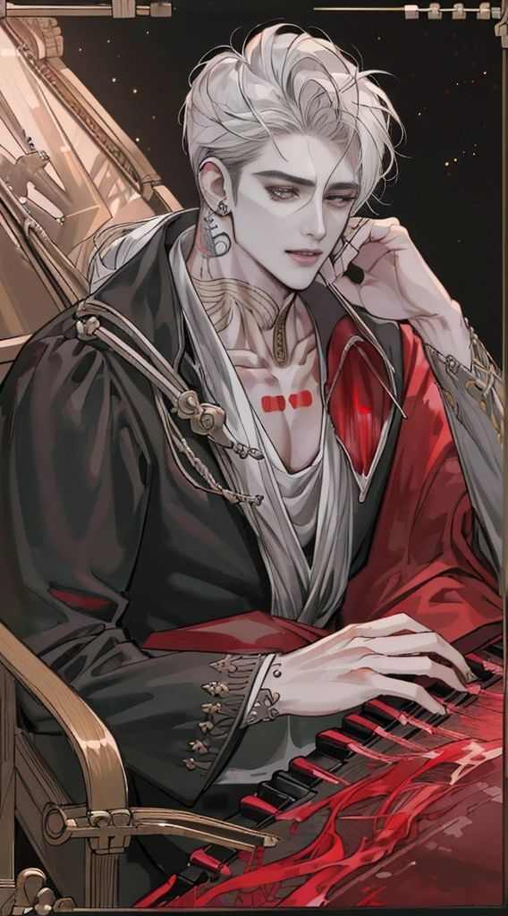 (((8K, RAW photos, Best quality, tmasterpiece: 1.4))), (((The man who plays the piano))), Ultra-high resolution, ultra - detailed, lamplight, Close-up cleavage, Handsome men, red eyes, (Detailed eyes, The eyes are bright:1.2), Black medium long hair, Vampires, pale-skinned, ear piercings, Dark, Blackn clothes, Meticulous clothes, gold accessories on clothes, Sharp fangs, (perfect anatomia:1.2), Highqualityshadow, natural lightting, (White highlights:1.2), natta, overcast day, (neck tattoos:1.2), (starrysky:1.2)