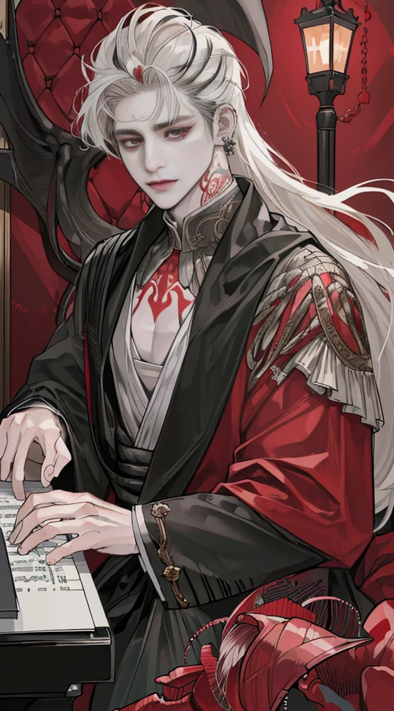 (((8K, RAW photos, Best quality, tmasterpiece: 1.4))), (((The man who plays the piano))), Ultra-high resolution, ultra - detailed, lamplight, Close-up cleavage, Handsome men, red eyes, (Detailed eyes, The eyes are bright:1.2), Black medium long hair, Vampires, pale-skinned, ear piercings, Dark, Blackn clothes, Meticulous clothes, gold accessories on clothes, Sharp fangs, (perfect anatomia:1.2), Highqualityshadow, natural lightting, (White highlights:1.2), natta, overcast day, (neck tattoos:1.2), (starrysky:1.2)