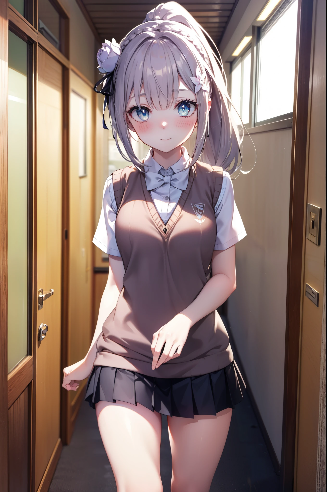 rezeroEmilia, Emilia, Braiding, crown Braiding, flower, hair flower, hair ornaments, Purple eyes,Long Hair,Hair Ribbon, smile,blush,Open your mouth,Black Abyss Glasses,ponytail,White Y-shirt,Short sleeve,Sweater vest, (紫色 Sweater vest:1.5), ,Black pleated skirt,White tights,Brown Loafers,Walking,るwhole bodyがイラストに入るように,
break indoors, School corridor,
break looking at viewer, whole body,
break (masterpiece:1.2), highest quality, High resolution, unity 8k wallpaper, (shape:0.8), (Beautiful and beautiful eyes:1.6), Highly detailed face, Perfect lighting, Highly detailed CG, (Perfect hands, Perfect Anatomy),