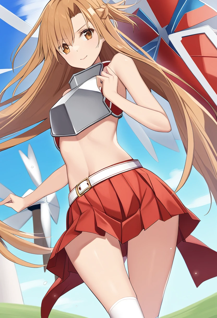 Asuna_\(star\), length_hair, skirt, red_skirt, independent_sleeve, windmill, white_Knee socks, Brown_hair, Brown_eye, breastplate, alone, Pleats_skirt, miniskirt,white_belt,naked