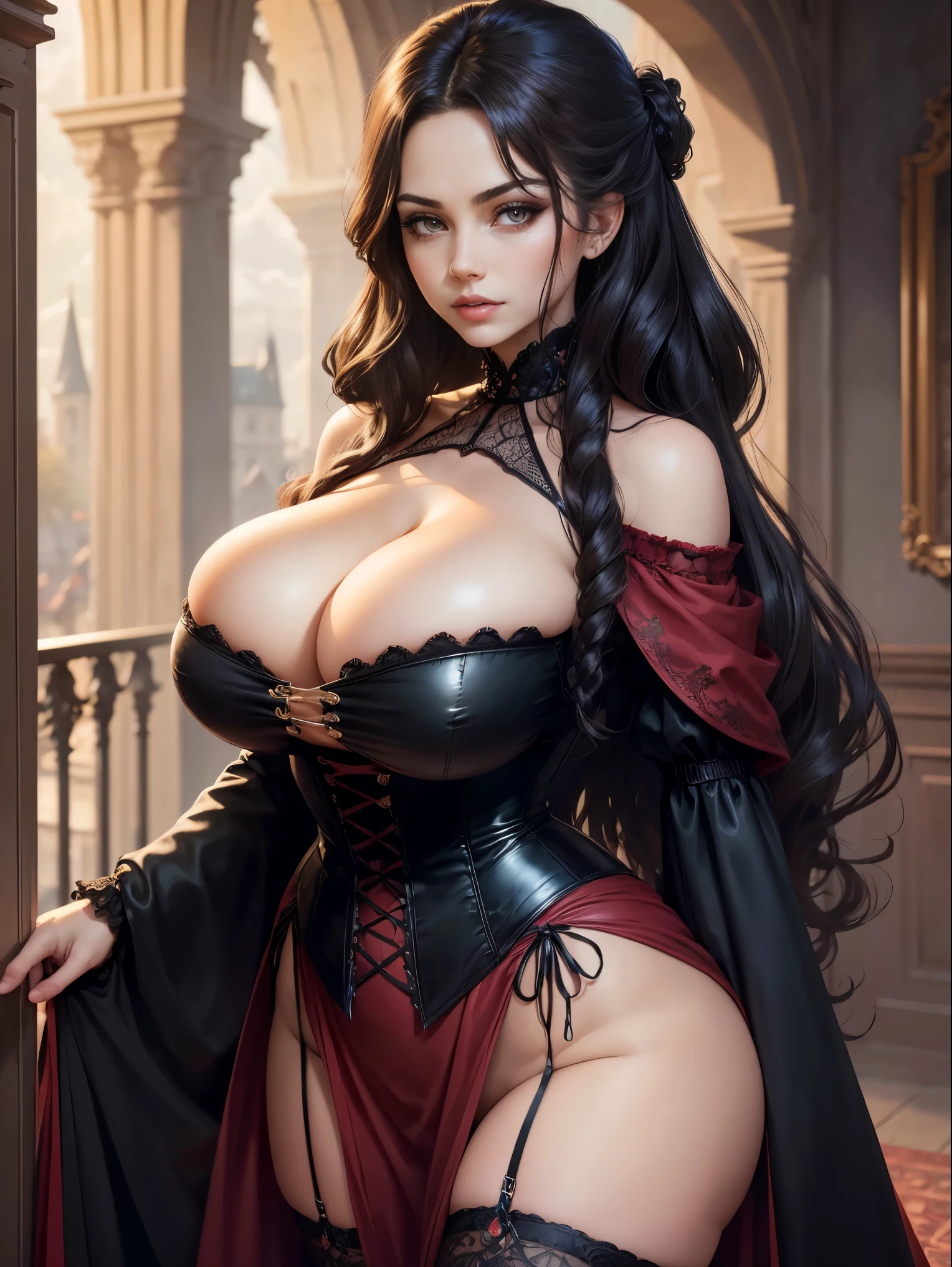 (masterpiece, top quality, best quality, official art, beautiful and aesthetic:1.2), (1girl:1.3), long and curly dark brown hair, ((extravagant updo)), Victorian style, extremely detailed, portrait, looking at viewer, solo, (full body:0.6), detailed background, close up, mischievous eyes, (cold midnight castle theme:1.1), extremely busty vampire, long fangs, blood on chin, huge lips, charlatan, smirk, mysterious, being seductive on a balcony, revealing gothic dress, lace, extremely tight bodice, black attire, red skirts, off shoulder, long sleeves, loose sleeves, black leather, cloak, corset, black dress, fishnets, thigh high black boots, buckles, straps, pouches, glowing blood magic energy, dark red fabric, silver trim, black leather, ruffles, (((gigantic breasts))), cleavage, skindentation, slim waist, slim hips, long legs, medieval (gothic castle exterior:1.1) background, nighttime, dark mysterious lighting, shadows, magical atmosphere, dutch angle