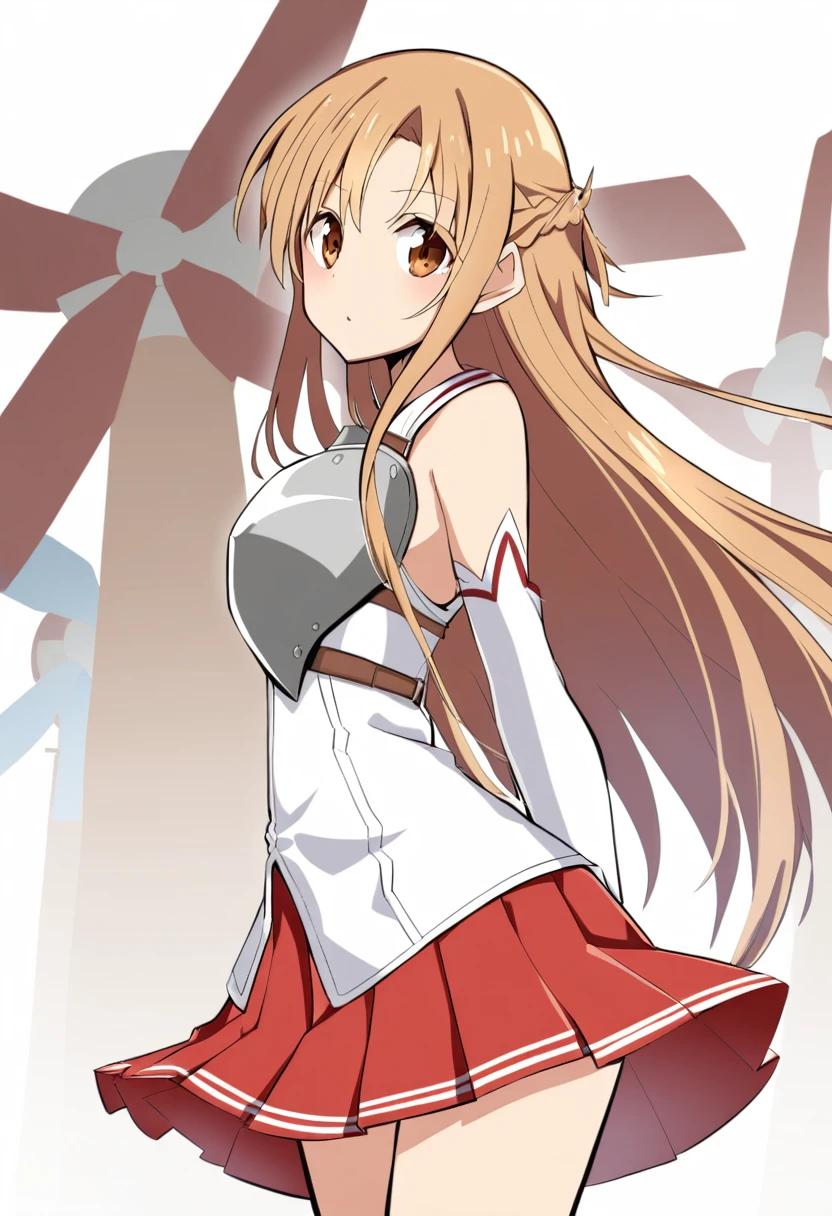 Asuna_\(star\), length_hair, skirt, red_skirt, independent_sleeve, windmill, white_Knee socks, Brown_hair, Brown_eye, breastplate, alone, Pleats_skirt, miniskirt,white_belt,naked
