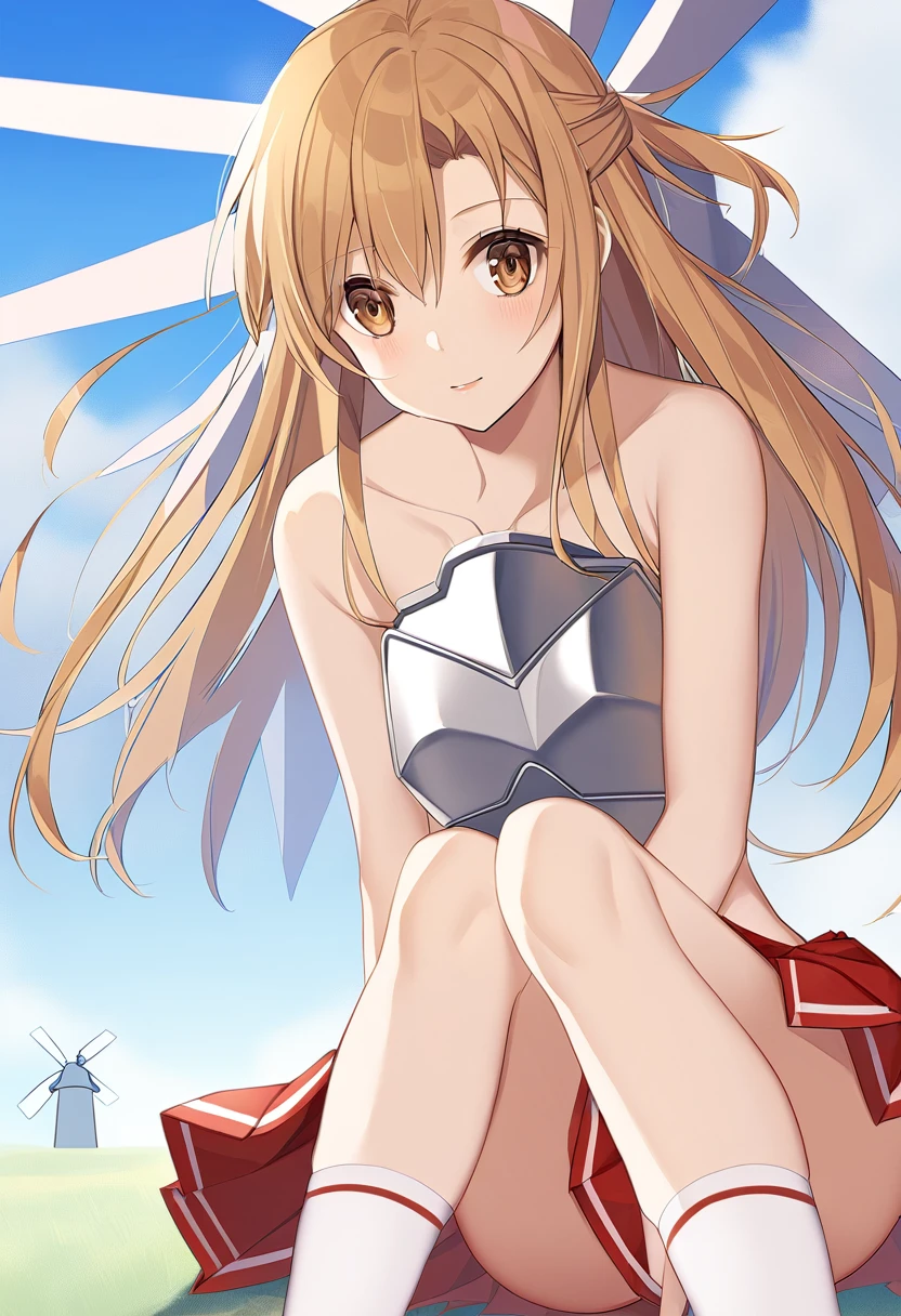 Asuna_\(star\), length_hair, skirt, red_skirt, independent_sleeve, windmill, white_Knee socks, Brown_hair, Brown_eye, breastplate, alone, Pleats_skirt, miniskirt,white_belt,naked