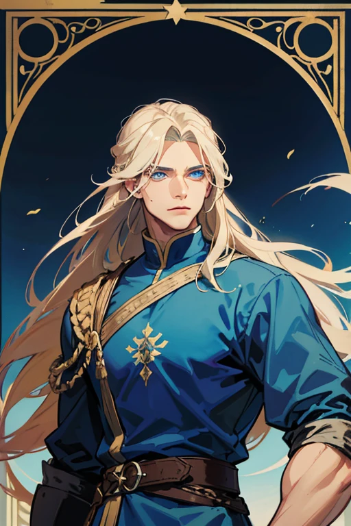 masculine and muscular man, blue eyes, ash blond hair, shoulder length long hair, blue medieval noble clothes,