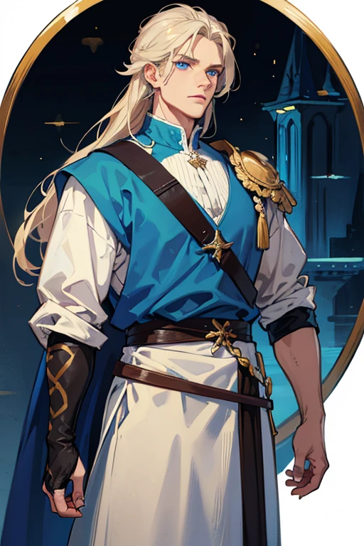 masculine and muscular man, blue eyes, ash blond hair, shoulder length long hair, blue medieval noble clothes,