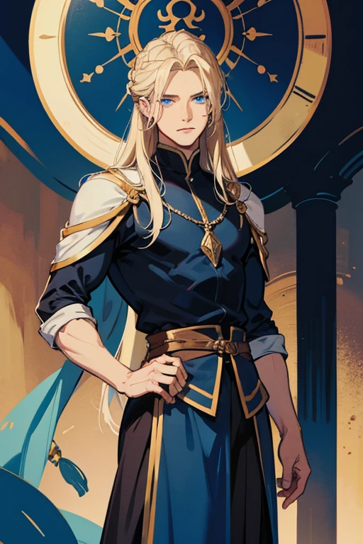 masculine and muscular man, blue eyes, ash blond hair, shoulder length long hair, blue medieval noble clothes,