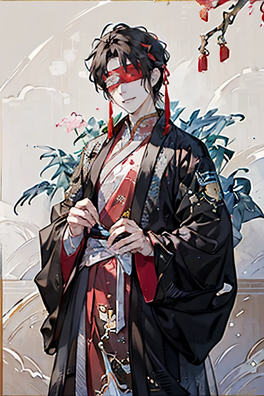 (old male:1.45)、(masterpiece、highest quality、highest quality、Beautiful and beautiful:1.2)、(Good anatomy:1.5)、Painting of a male with milky brown straight hair、Shy smile、Sparkling Eyes、looking at the camera、Emerging from among the flowers and leaves、Suzuran、(sunny days:1.45)、(pink、black、lightbrown:1.2)、(Chinese Emperor:1.5)、(Blindfold)、Close-up of face