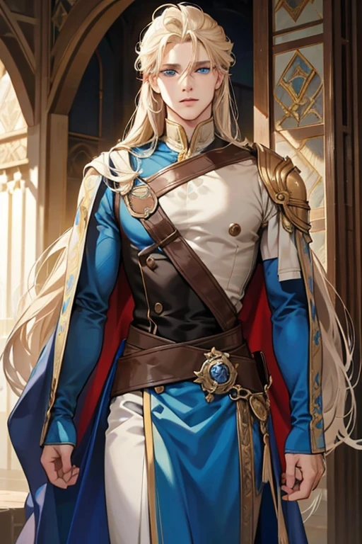 masculine and muscular man, blue eyes, ash blond hair, shoulder length long hair, blue medieval noble clothes,