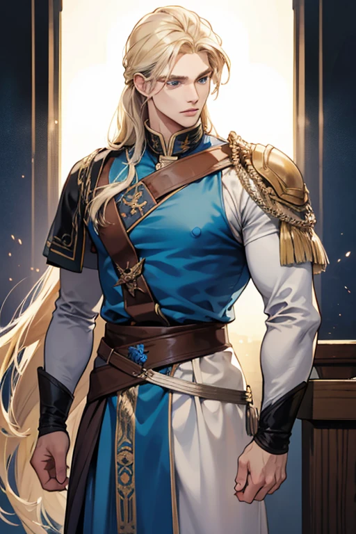masculine and muscular man, blue eyes, ash blond hair, shoulder length long hair, blue medieval noble clothes,