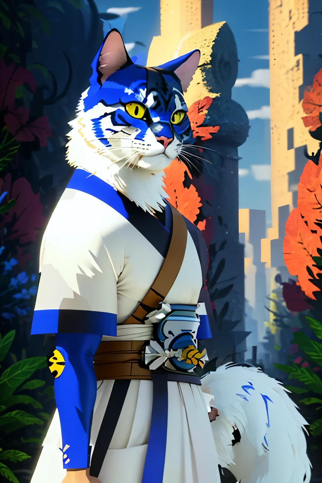 A cat wearing a white and blue samurai armor