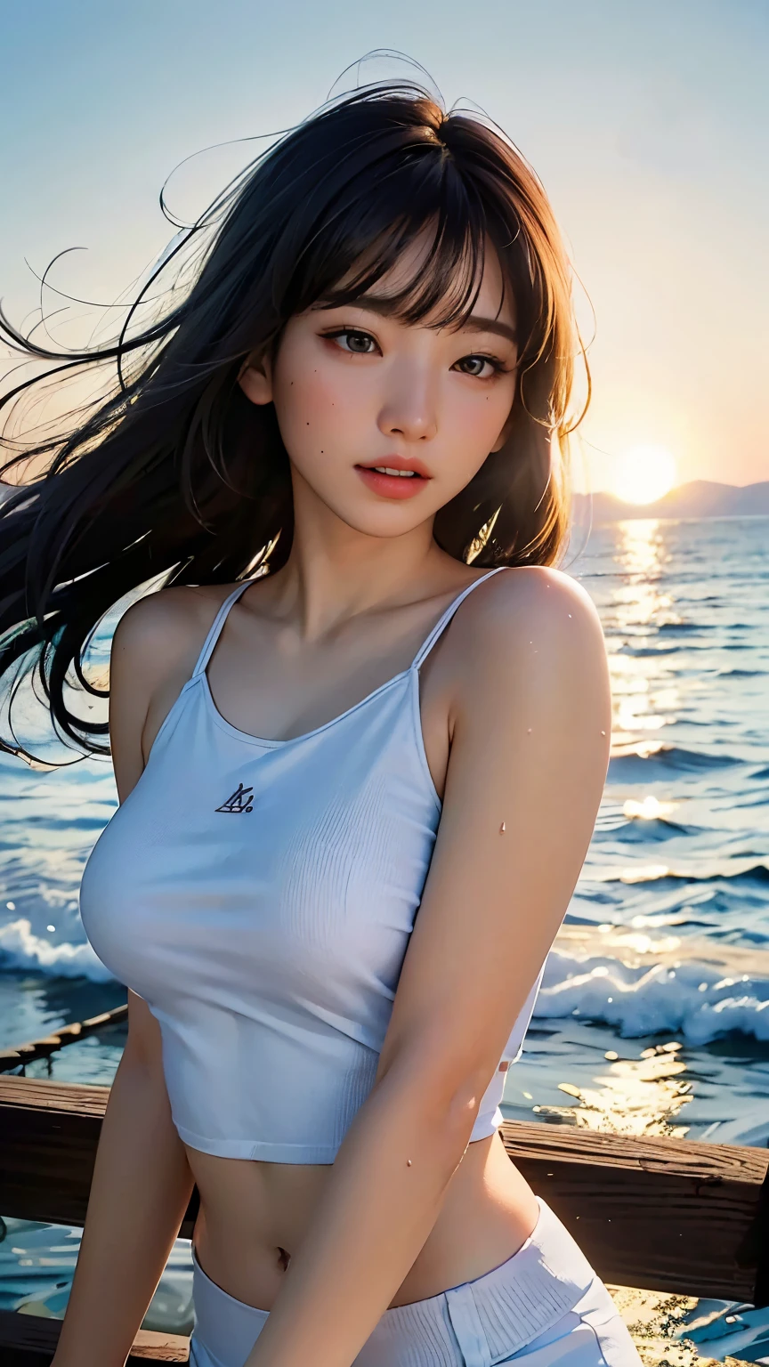 (logo、masterpiece、8k、Tabletop、RAW Photos、wonderful、最high quality、Photorealistic and Very detailed CG integrated 8k wallpaper、high quality、Very detailed、Narrative poem、Particle Effects、Dynamic Effects、Written boundary depth、Cinematic Light、Lens flare、Ray Tracing)、Fantasy、 (One beautiful woman、White pants、White T-shirt、White tube top、White crop top、Black-haired、Beautiful Face、True Face、Beautiful details、eye、Beautiful Skin、Ultimate Body、glamorous)、私の髪はWindに舞う、Hair flutters in Wind、Hair bounces、Seaside、wonderful景色、Coastal、sunrise、Sun in the background、Wind、Beach