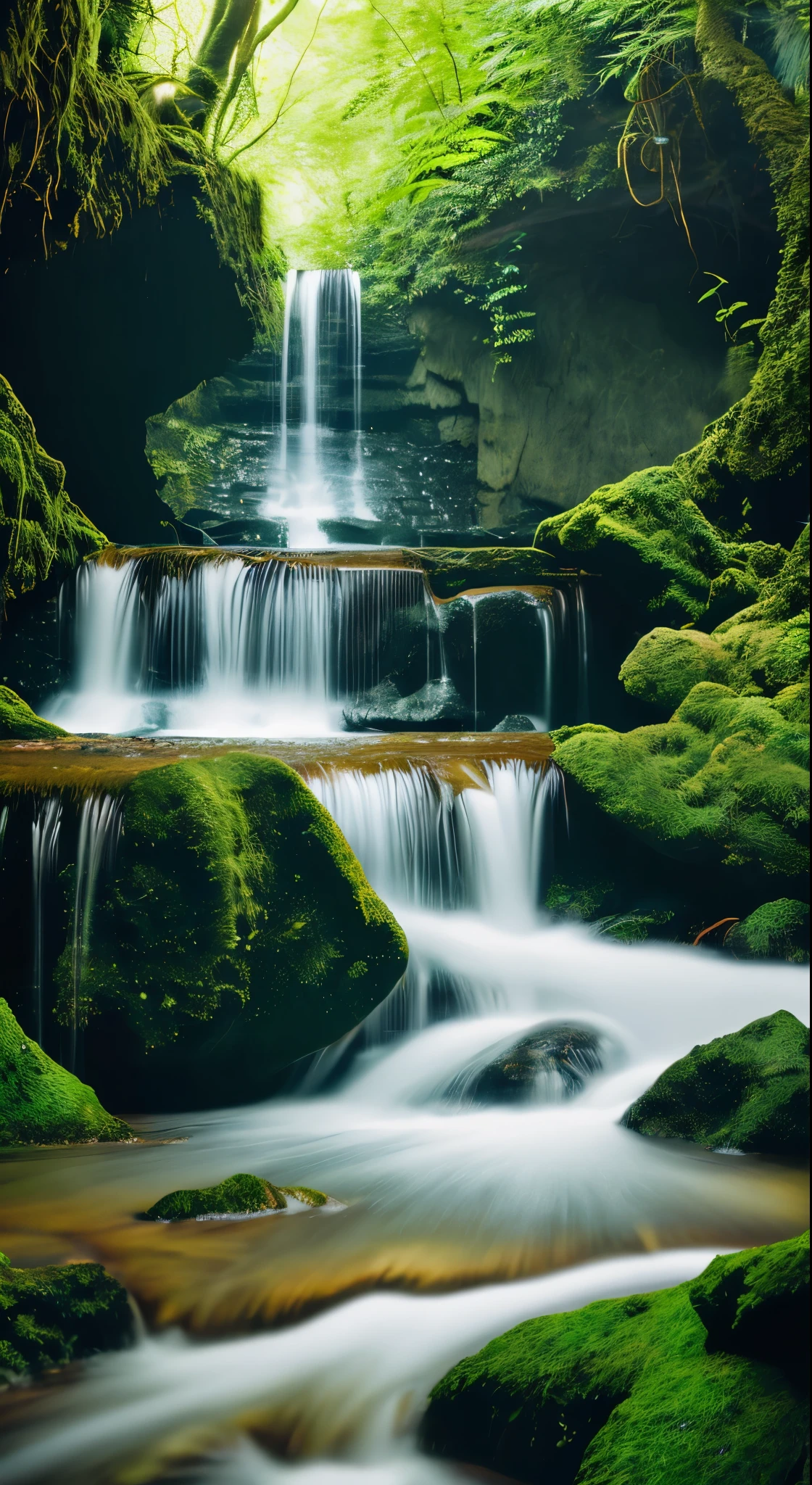 Waterfall conveys four adventurers natural fantasy landscape fairy green, Golden Ratio, アニメーションのdetailed, delicate, QuixelMegascans Trend, Perfect image, Ultra-high resolution, Perfect composition, detailed, Super Color, (Skin with attention to detail: 1.2), 8KUltra-high resolution, Digital single-lens reflex camera, Soft lighting, high quality, Film Grain, Fujifilm XT3