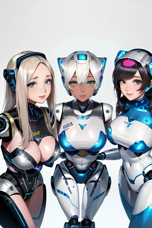 High resolution, Detailed Background, highest quality, Beautiful and dense face, Beautiful, smooth skin, Skin Texture, ((Three beautiful female robots in their twenties:1.5)), All of their internal skeletons are exposed.., Everything is mechanical except for the face., Full Body Shot, Cute hairstyle, Huge breasts, smile, They are all touching each other'Body because they just had their maintenance done., 誰もが自分Bodyに誇りを持っている, All have floral and pastel colored internal skeletons, From ankle down, Feet in roller skates, The bright colors and patterns on the interior structure create a cute and glamorous look.., (Braided Ponytail、Cute hair cot#39;I'I can't wait to go outside in my new body...、Looking at each other'Body、Laughter、smile、smile)