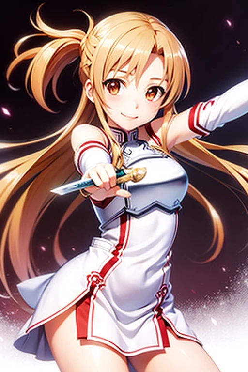 Asuna,A light smile,sexy,sword, Have a weapon, White Dress, armor, Floating Hair, Red Skirt, holding sword, Outstretched arms, highest quality