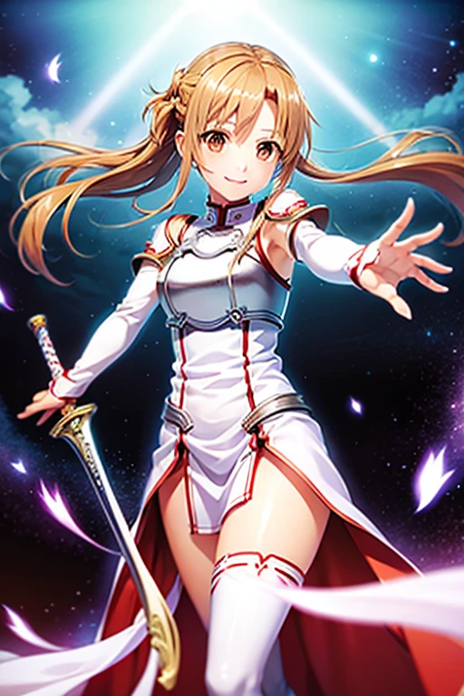 Asuna,A light smile,sexy,sword, Have a weapon, White Dress, armor, Floating Hair, Red Skirt, holding sword, Outstretched arms, highest quality