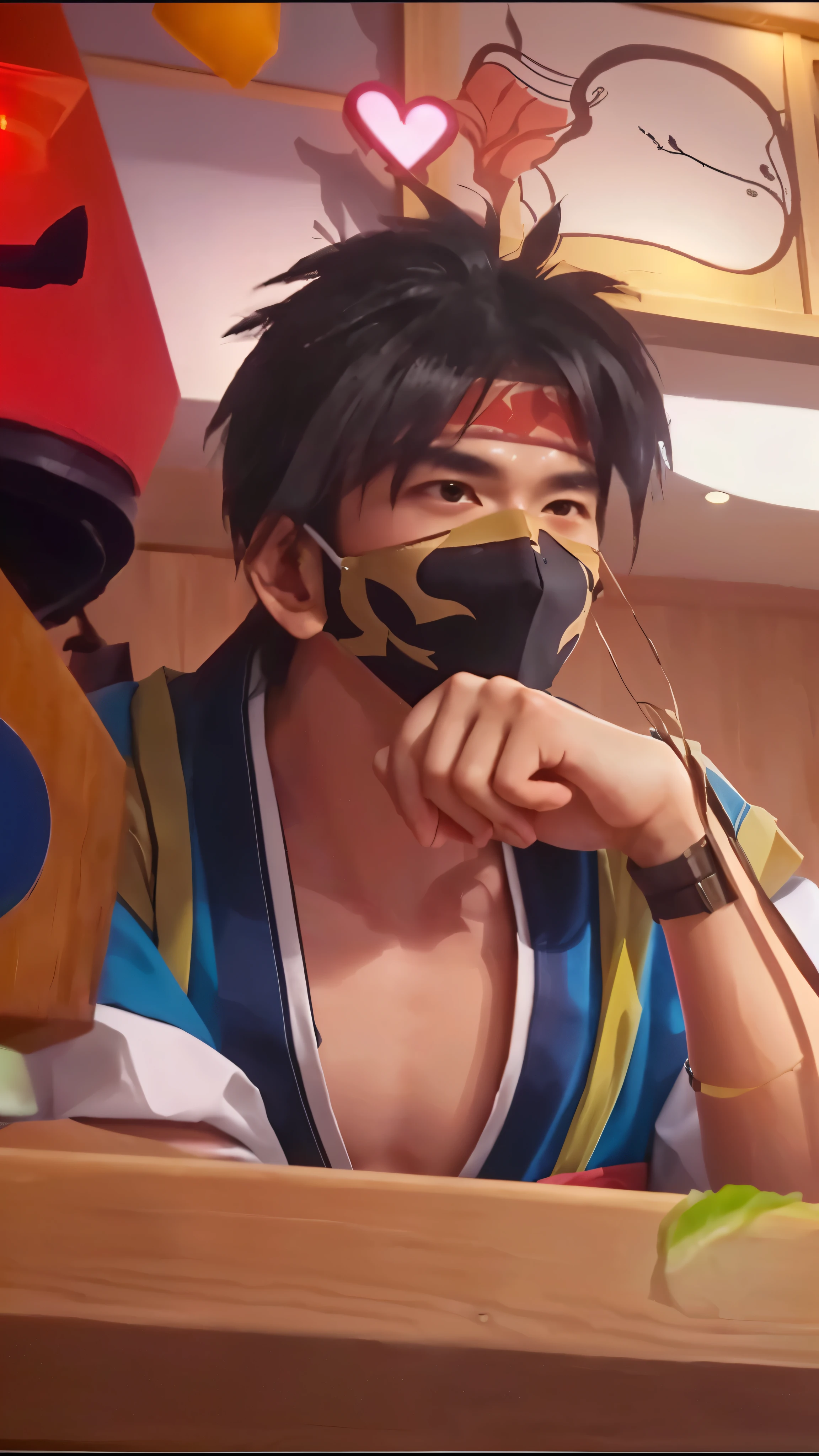 A close-up of a masked boy, a ninja in a handsomely draped bandana, with a traditional Japanese restaurant in the background, serving authentic cuisine. (best quality, highres, ultra-detailed), vivid colors, realistic lighting, traditional brushstroke style, cherry blossom color palette, bamboo accents, elegant sliding doors, intricate wooden beams, tatami mats, bustling atmosphere, ippin (appetizers), sashimi platters, sushi chef preparing delicacies, steam rising from bowls of ramen, teppanyaki grills sizzling with mouthwatering aromas, a serene koi pond, decorative origami cranes, sake barrels, bustling staff in traditional attire, patrons enjoying a relaxing meal, the boy's eyes conveying curiosity, the ninja's stealthy gaze, both immersed in the rich cultural ambiance.