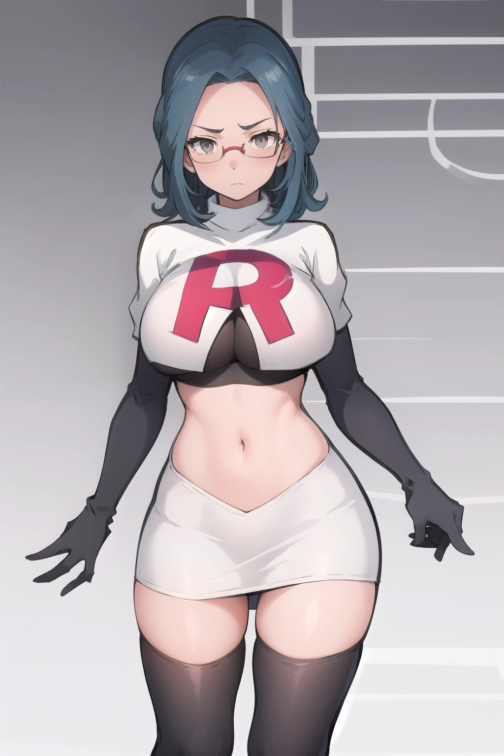 best quality, (masterpiece:1.2), illustration, absurdres,  
(1girl), (solo), (beautiful detailed girl),
Sonya Baelz, blue hair, medium hair, grey eyes, large breasts, half-frame glasses, gray glasses,
team rocket,team rocket uniform,white skirt,red letter R,crop top,black thigh-highs,black elbow gloves,
looking at viewer, serious,