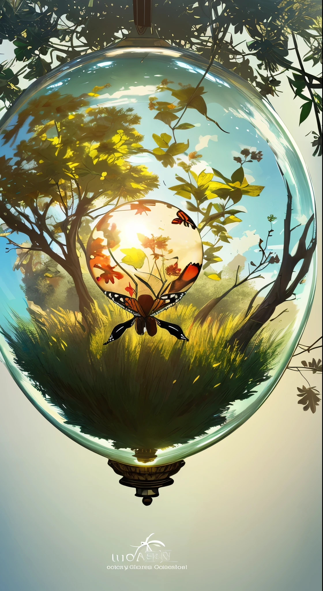 (masterpiece),(highest quality:1.0), (Ultra-high resolution,), detailed, Glass ball with a tree inside, Digital Art, CG Association Contest Winner, Butterfly and sunshine, Concept art design illustration, Beautiful digital illustrations, Closed Ecosystem